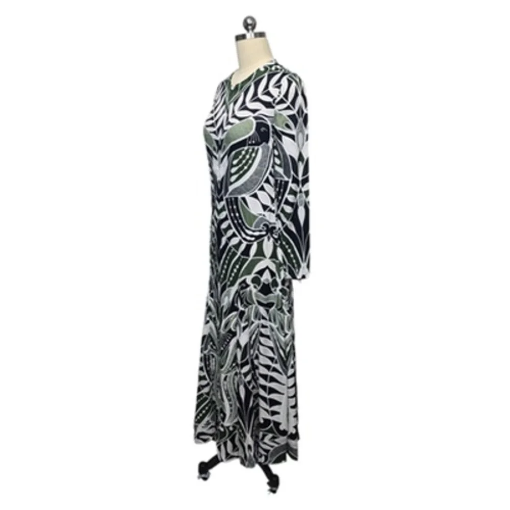 Farm Rio Dress Womens Small Black Green Leaf Print Maxi Long Sleeve Viscose - Picture 11 of 13